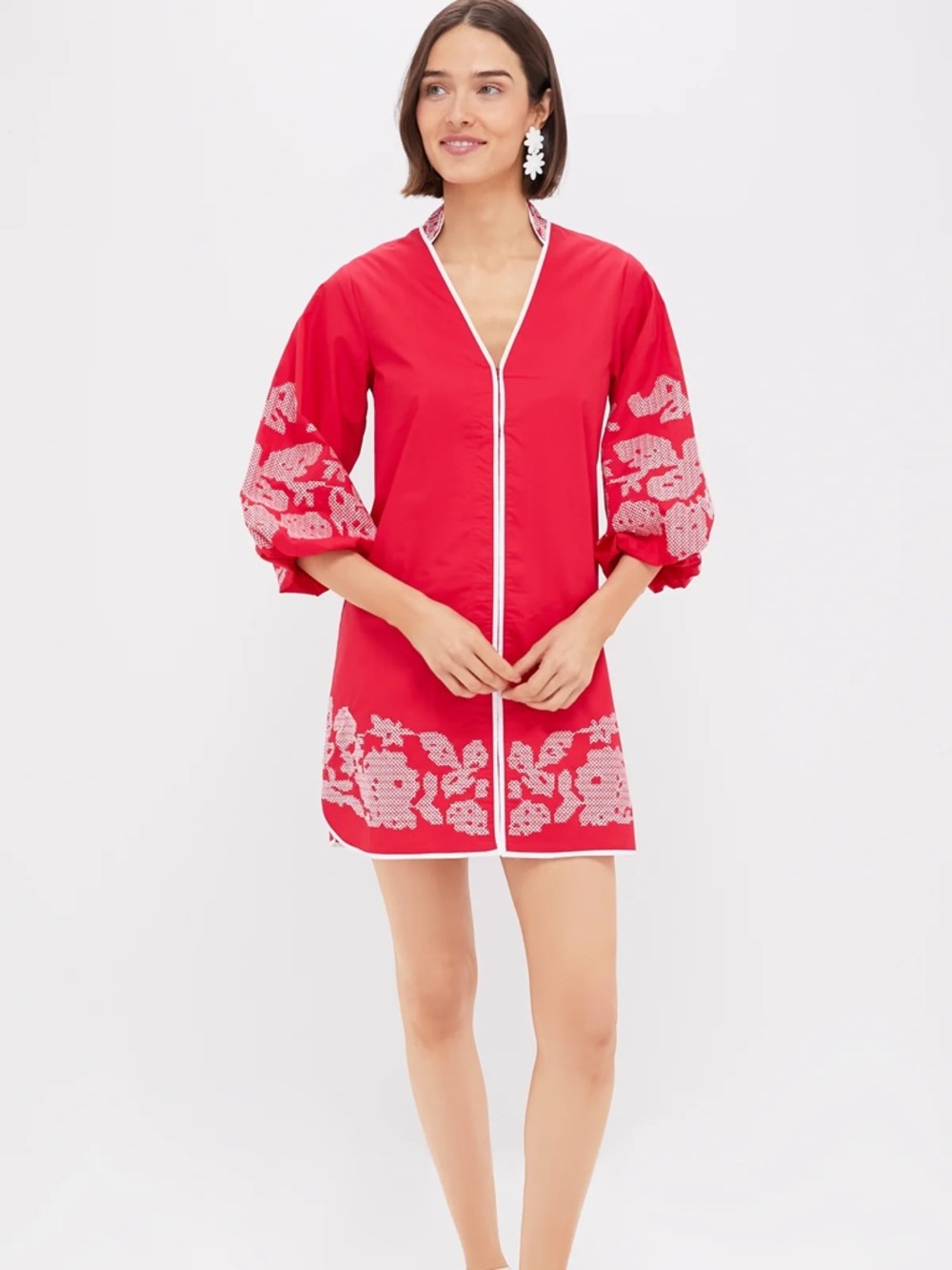 HYACINTH HOUSE Red & White Embroidery Mini Arem Caftan - Picture 2 of 12